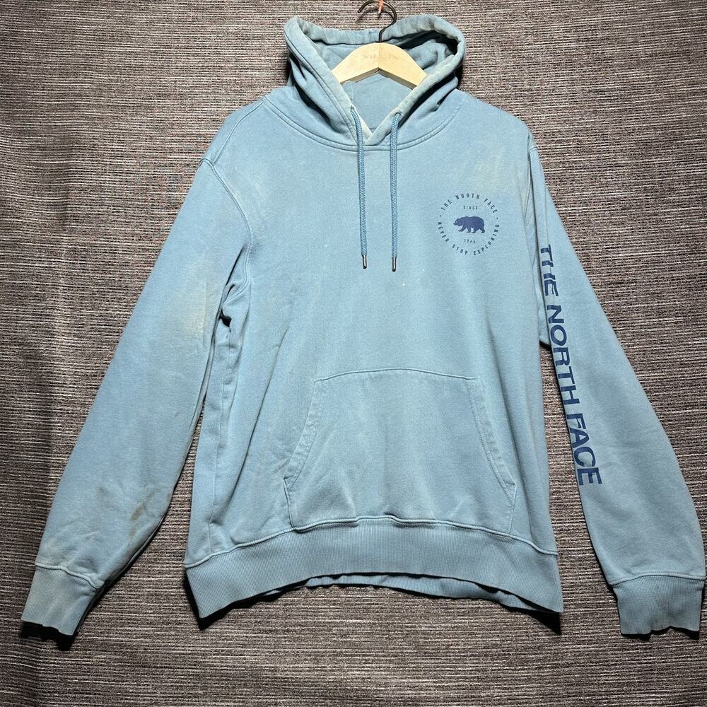 The North Face Hoodie Men's Medium Light Blue Pullover Stained Exploring